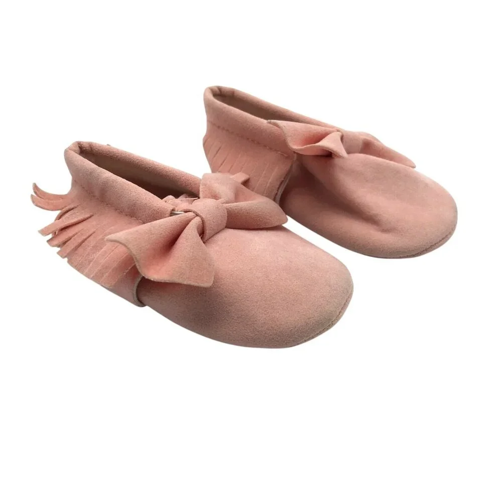 Baby Girls Moccasin Booties Fringe Bow Faux Suede Slip On Pink Size 2